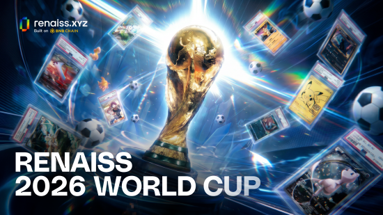 Promotional image for 'RENAISS 2026 WORLD CUP' on renaiss.xyz with a golden World Cup trophy, soccer balls, and trading cards on a blockchain-themed background.