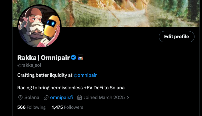 Twitter/X profile for 'Rakka | Omnipair' (@rakka_sol) stating 'Crafting better liquidity at @omnipair' and 'Racing to bring permissionless +EV DeFi to Solana', with 1,475 followers.
