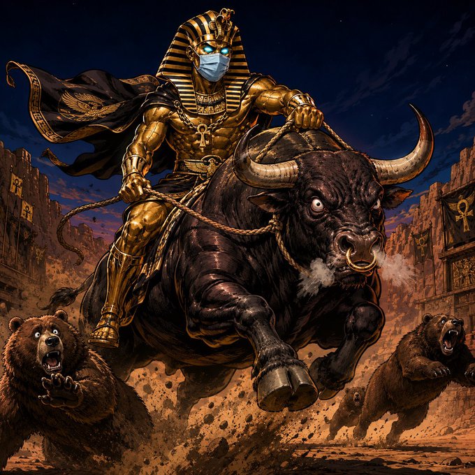 A fantasy illustration depicts a golden-armored pharaoh wearing a blue surgical mask, riding a charging bull through a desert while bears pursue them.