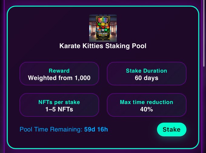 An interface for a 'Karate Kitties Staking Pool' showing a stake duration of 60 days, 1-5 NFTs per stake, a 40% max time reduction, and 59d 16h remaining.
