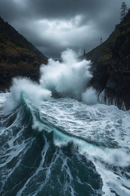 Dramatic landscape photograph of massive ocean waves crashing against rocky cliffs under dark, stormy gray clouds, creating explosive white spray.