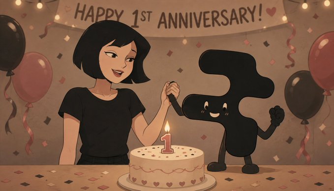 An animated illustration showing a dark-haired woman and a black amorphous creature with a smiling face celebrating a "HAPPY 1ST ANNIVERSARY!" by lighting a candle on a cake.