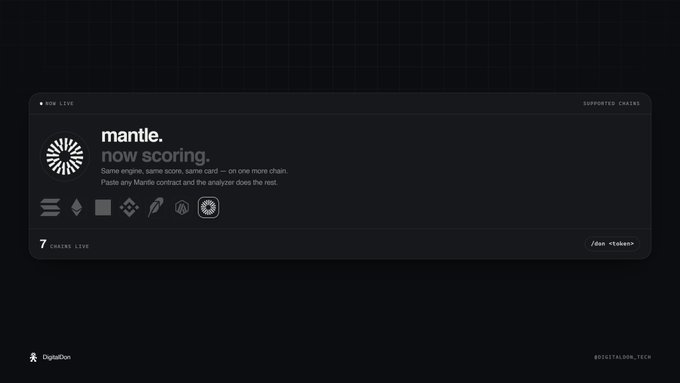 A dark-themed website showing 'mantle. now scoring.' with various blockchain icons and '7 CHAINS LIVE' text.