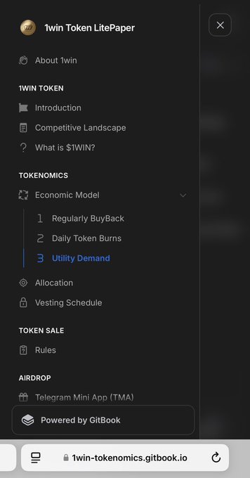A mobile view of the 1win Token LitePaper on GitBook, displaying the table of contents covering topics like Tokenomics, Token Sale, and Airdrop sections.