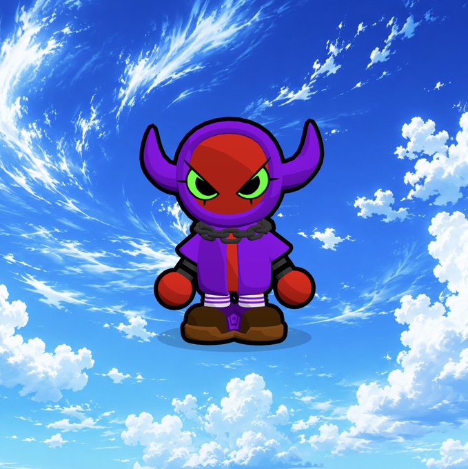 A cartoon illustration of a small purple and red demonic character with horns, green eyes, and red gloves, standing against a bright blue sky with fluffy white clouds.