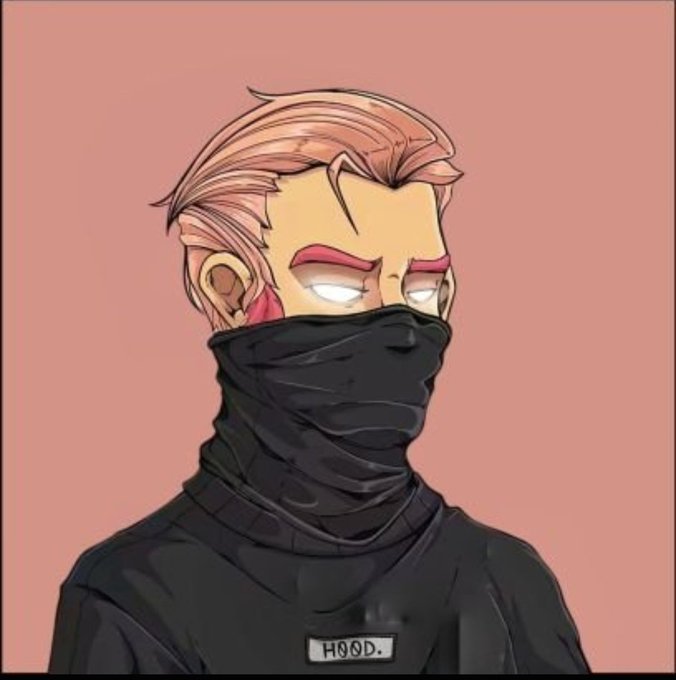 Anime-style illustration of a character with pinkish hair, glowing white eyes, red facial markings, and a black face mask covering the lower face, labeled 'HOOD.'