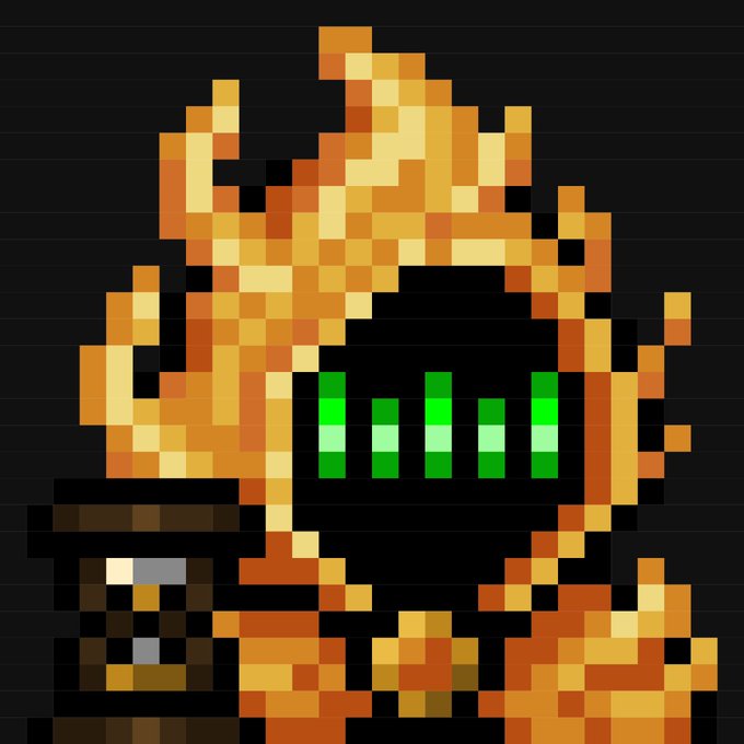 Pixel art illustration of a character with wild orange and yellow flames for a head, featuring a faceplate displaying green digital bars.