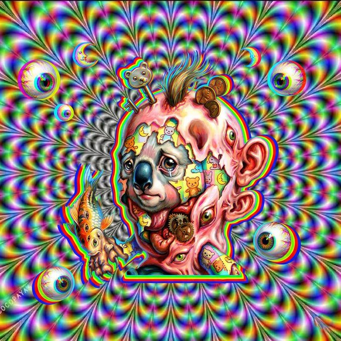 A surreal, psychedelic digital artwork featuring a koala-like face composed of fleshy, melting elements with baby faces, gears, and disembodied eyeballs against a trippy, kaleidoscopic background.