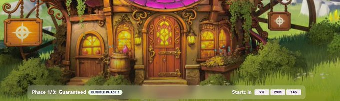 A whimsical fantasy-style building with arched windows and a wooden door, displaying a banner that reads 'Phase 1/3: Guaranteed ELIGIBLE PHASE 1' with a countdown timer showing '9H 29M 14S'.