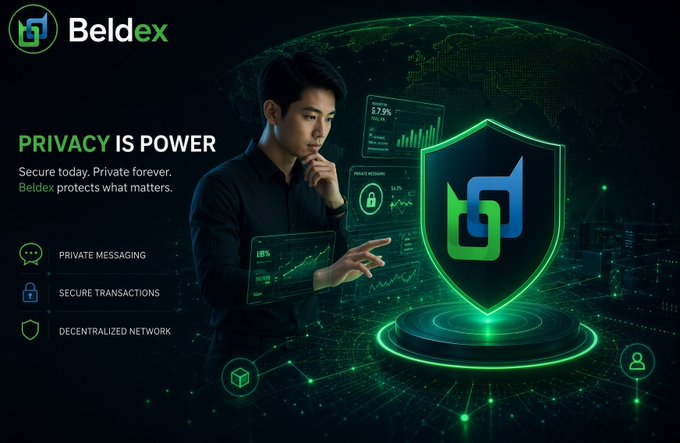 A promotional graphic for "Beldex" features a man interacting with holographic data screens next to a large green shield logo, with the text "PRIVACY IS POWER" and "Beldex protects what matters," alongside icons for private messaging, secure transactions, and decentralized network.