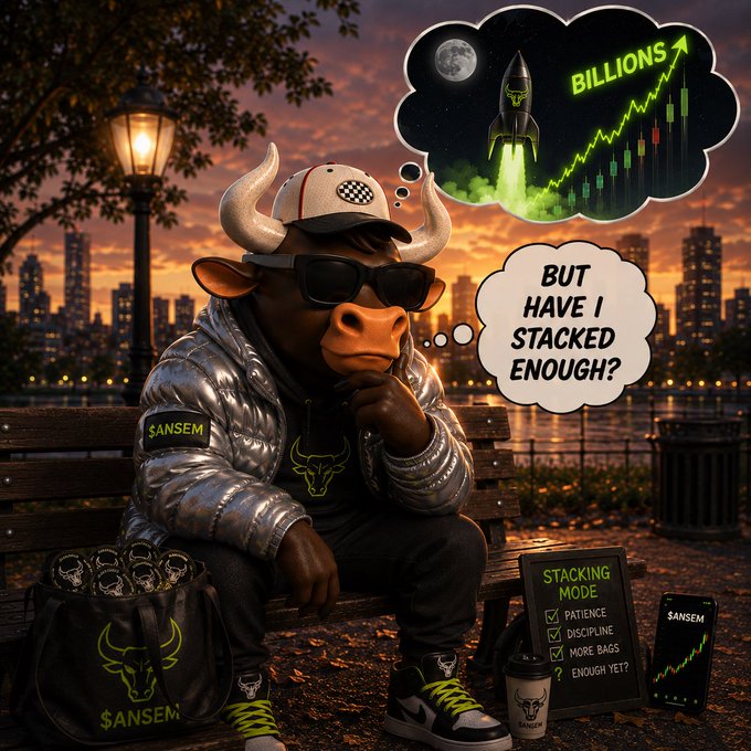 A cartoon bull wearing sunglasses and a silver jacket sits on a park bench thinking about a rocket launching with the text 'BILLIONS' and wondering 'BUT HAVE I STACKED ENOUGH?', with a '$ANSEM' checklist noting 'STACKING MODE' options like patience and discipline.