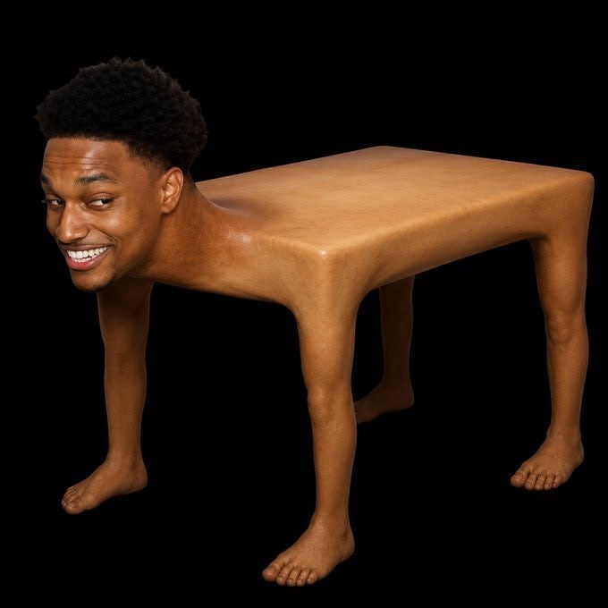 A surreal composite image shows NBA player Giannis Antetokounmpo's smiling head photoshopped onto a small, low-to-the-ground table with human legs, humorously capturing the viral meme trend of "tables" used to mock short players like him—fitting the caption's ironic celebration of the "trenches" (lowlights).