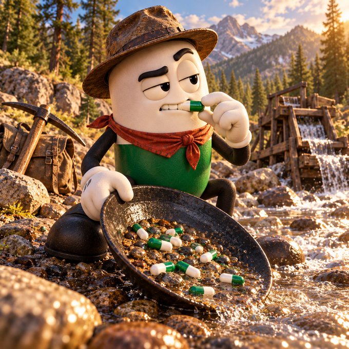A 3D render of an egg-shaped prospector character panning for green and white pills in a stream with mountains in the background.