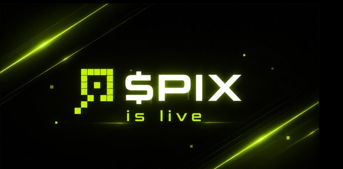 The image features a black background with green neon accents, displaying a pixelated green icon alongside the bold text "$PIX is live." It serves as a launch announcement for the $PIX token, highlighting the project's ready-to-go branding, copy, and design as mentioned in the accompanying post.
