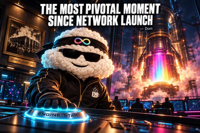 A promotional graphic featuring a fluffy character wearing sunglasses pressing an "ENGINE START" button, captioned "THE MOST PIVOTAL MOMENT SINCE NETWORK LAUNCH — Dom" against a rocket launch backdrop.