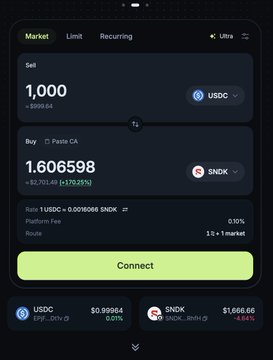 A cryptocurrency trading interface showing a sell order for 1,000 USDC and a buy order for 1.606598 SNDK on the Sui blockchain.