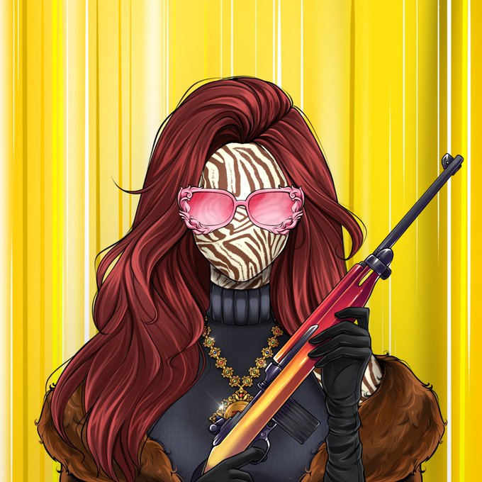 A stylized illustration shows a red-haired female character with zebra-striped face markings wearing pink cat-eye sunglasses, a black turtleneck, gold necklace, and fur-trimmed coat, holding a rifle against a vibrant yellow streaked background. The bold, high-fashion art style with luxurious accessories reflects the post's reference to an "Artober Bonus" NFT artwork from the GoodFellas collection, emphasizing the artist's eye for detail.