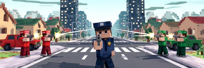 A Minecraft-style scene showing a police officer firing a gun while red and green gang members shoot at each other on a city street.
