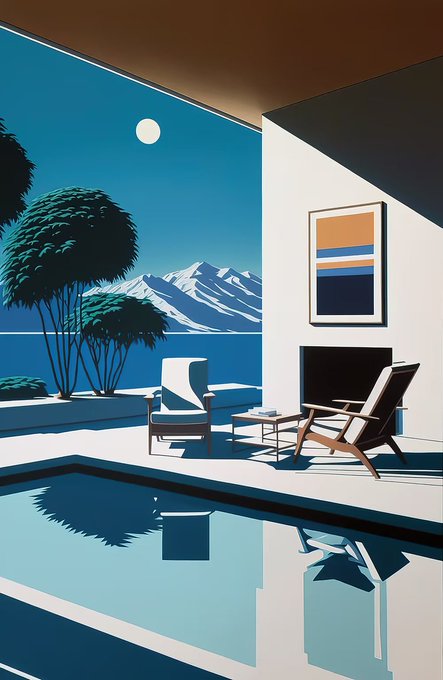 Stylized digital artwork of a modern patio with lounge chairs beside a pool, overlooking a blue sea and snow-capped mountains under a full moon.