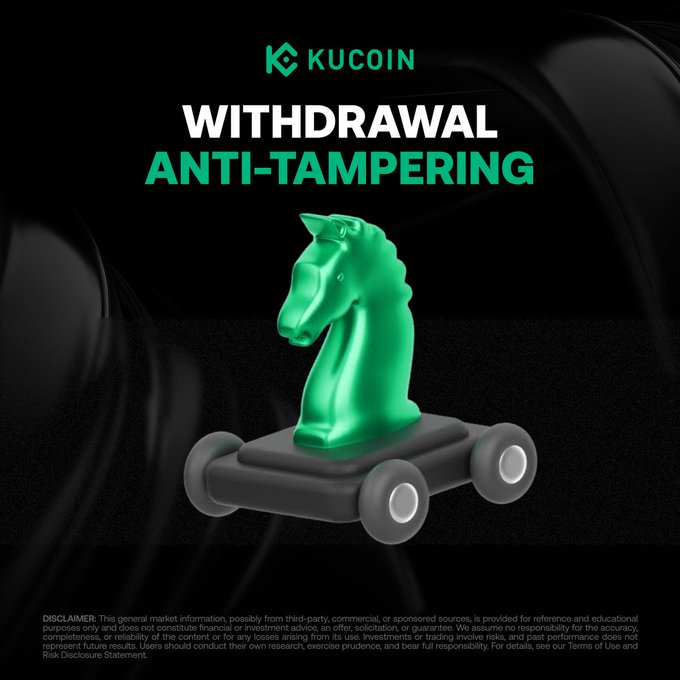 A KuCoin promotional graphic featuring a green chess knight on a wheeled platform, with the headline "WITHDRAWAL ANTI-TAMPERING" highlighting the platform's security feature that detects and prevents unauthorized changes to withdrawal details, aligning with the post about catching data encryption malware attempting to silently alter transactions.