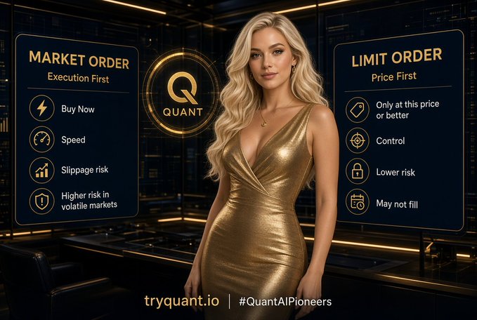A promotional graphic for Quant comparing 'MARKET ORDER (Execution First)' with 'LIMIT ORDER (Price First)', featuring a blonde woman in a gold dress and the URL 'tryquant.io' with hashtag '#QuantAIPioneers'.