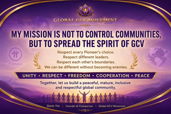 A purple-themed promotional banner for the 'GLOBAL GCV MOVEMENT' featuring the quote 'MY MISSION IS NOT TO CONTROL COMMUNITIES, BUT TO SPREAD THE SPIRIT OF GCV' by Founder & Chairperson Doris Yin.