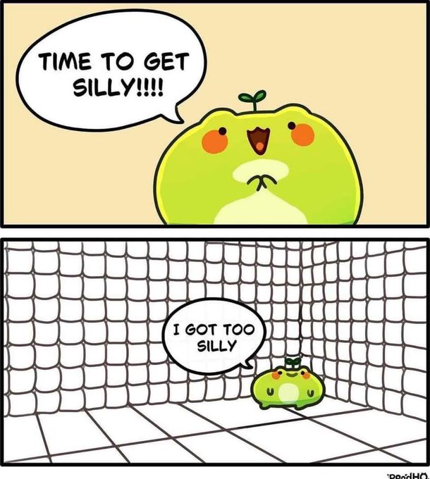 A two-panel comic by ProxiHO featuring a green character who says 'TIME TO GET SILLY!!!!' in the first panel and 'I GOT TOO SILLY' while collapsed in a tiled room in the second.