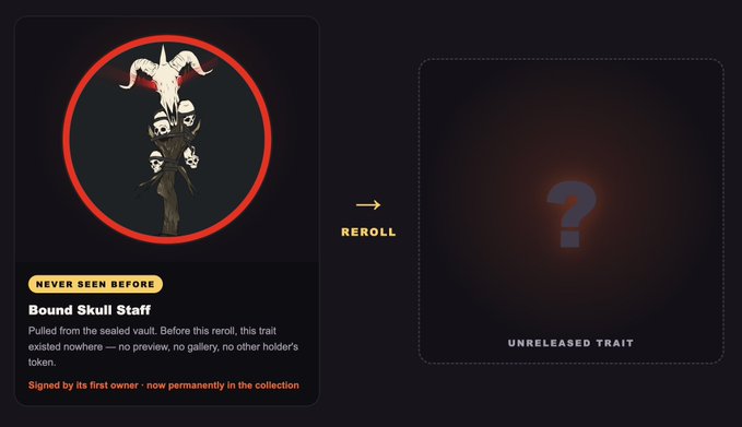 The image displays a "Bound Skull Staff" NFT trait marked "NEVER SEEN BEFORE," described as pulled from the sealed vault, alongside a placeholder "UNRELEASED TRAIT" shown after a "REROLL" action. This reflects the celebratory post about BonezNFT's mint-out success, teasing what mysterious new trait may emerge next from the project's reroll mechanic.