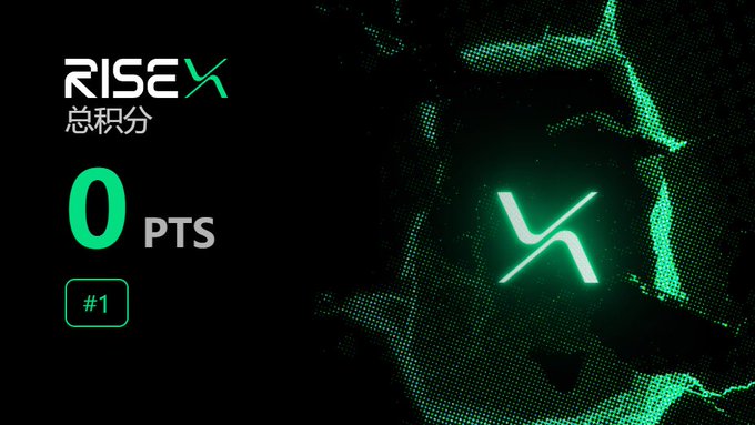 The image shows a points dashboard for "RISEX 总积分" (Total Points) displaying "0 PTS" with a "#1" ranking badge, alongside a glowing green logo on a dark background. The post expresses uncertainty about earning points, which contrasts humorously with the dashboard showing zero points accumulated despite being ranked #1, likely due to low trading volume.