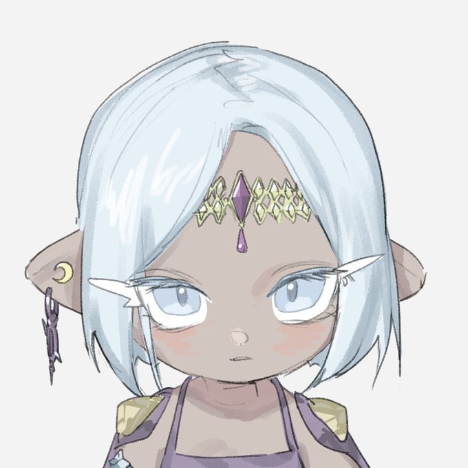 A digital drawing of a character with light blue hair, pointed ears, and a purple gem headband, wearing a purple outfit.