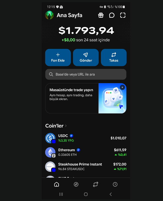 The image shows a crypto wallet app homepage displaying a portfolio balance of $1,793.94 (+$8.00 in 24 hours) with assets like USDC, Ethereum, and Steakhouse Prime Instant visible. The app appears to be set up on the Base network, aligning with the post about completing transactions on Base to qualify for a potential airdrop.