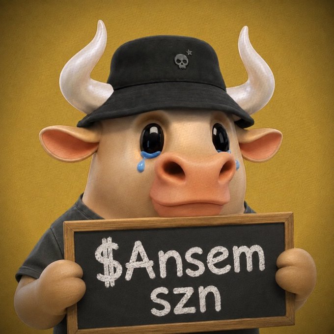A 3D-rendered cartoon cow wearing a black skull hat with horns, holding a chalkboard sign that reads '$Ansem szn' against a yellow background.