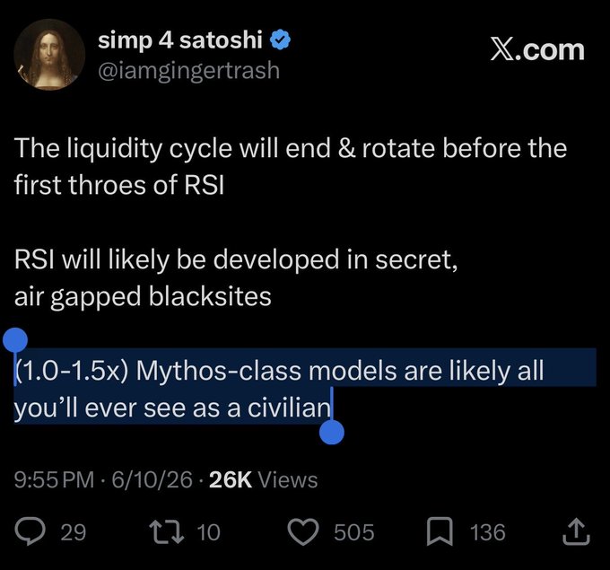 The image features a Twitter post with text that reads, "The liquidity cycle will end & rotate before the first three thrones of RSI". The post also includes a link to an article about Mythos-class models being all you need to see as a civilian.