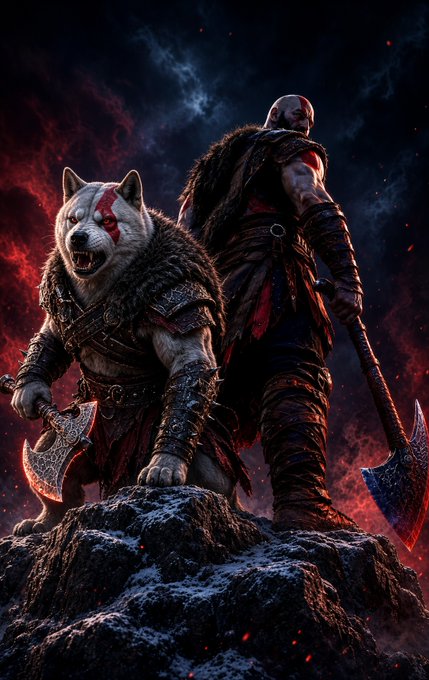 A dramatic digital painting of two figures standing on a snowy rock—one an anthropomorphic wolf warrior with a red face marking and an axe, the other a tall armored warrior resembling Kratos holding a battle axe, set against a dark, fiery red sky.