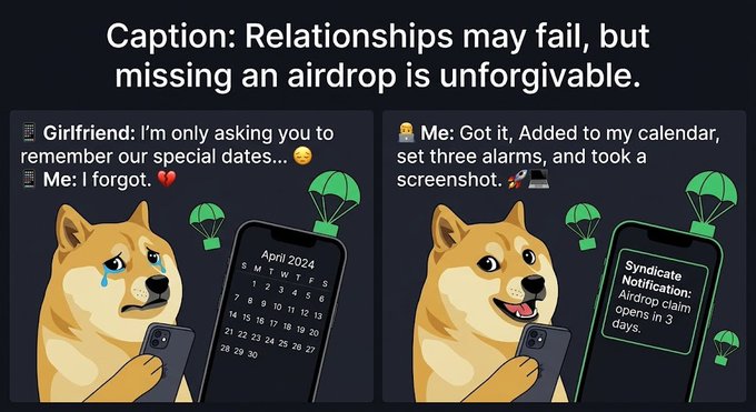 The image shows two yellow-faced dogs holding cell phones while one appears to be crying out of sadness for forgetting its anniversary. In the caption below the dogs, the post explains that the dog owner missed their anniversary but has learned from their mistake by updating a calendar and setting multiple alarms. The content is an illustration of what can happen when people overlook important dates in their lives, using the dogs as symbols to convey this message.
