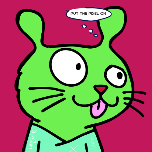 A cartoon-style green cat-like character with large eyes and its tongue out, wearing a light blue shirt, with a speech bubble saying "PUT THE PIXEL ON".