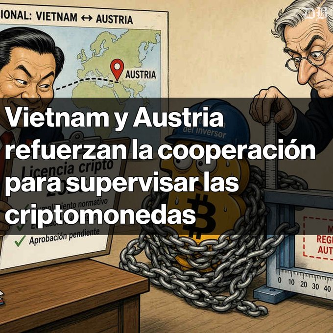 This political cartoon illustrates Vietnam and Austria strengthening cooperation to supervise cryptocurrencies, depicted by a chained Bitcoin coin and a map route, while a clipboard shows "Licencia cripto" with "Aprobación pendiente" (pending approval).
