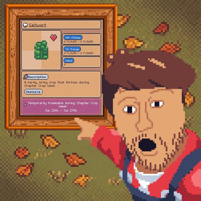 A pixel-art character excitedly holds up an in-game item description for "Saltwort," a "hardy, briny crop that thrives during Chapter Crop Week," available for trading from July 20th–27th. The image ties to the post by previewing the upcoming event in 0xSunflowerLand, highlighting the special limited-time crop and its corresponding 24th and 7d charge flower boosts that players can take advantage of during the festivities.