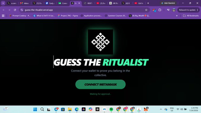A screenshot of the "Guess The Ritualist" dapp on guess-the-ritualist.vercel.app, featuring a "Connect Metamask" button and the Ritual logo, connecting to the post about trying the @ritualnet game and correctly identifying six Ritualists.
