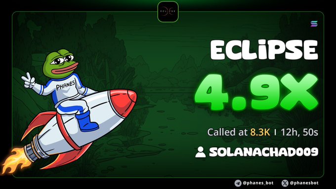A crypto meme showing 'ECLIPSE 4.9X' with a Pepe the Frog character in a spacesuit riding a rocket, attributed to SOLANACHAD009.