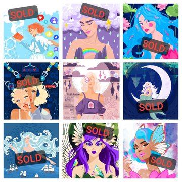 A grid of 9 illustrated digital artworks featuring various character portraits, most marked with red 'SOLD' stamps.
