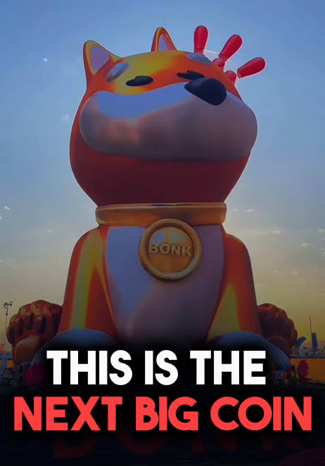 A giant inflatable BONK-themed Shiba Inu dog statue at sunset with the text 'THIS IS THE NEXT BIG COIN' overlaid in white and red.