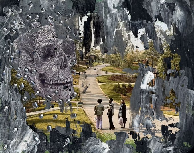A surreal painting shows three people standing on a suburban pathway, surrounded by grotesque, dripping skull-like figures and metallic debris that frame the otherwise peaceful neighborhood scene. Titled "Safe Neighborhood," the artwork contrasts a seemingly idyllic suburban setting with menacing, otherworldly figures, visualizing the artist's childhood perception of suburbs as inherently safer places.
