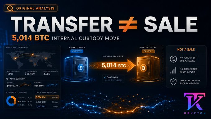 An infographic titled 'TRANSFER ≠ SALE' details a 5,014 BTC internal custody move, showing on-chain wallet-to-wallet transfers with 'NOT A SALE' indicators. Branded with 'Krypton' and 'ORIGINAL ANALYSIS' labels.