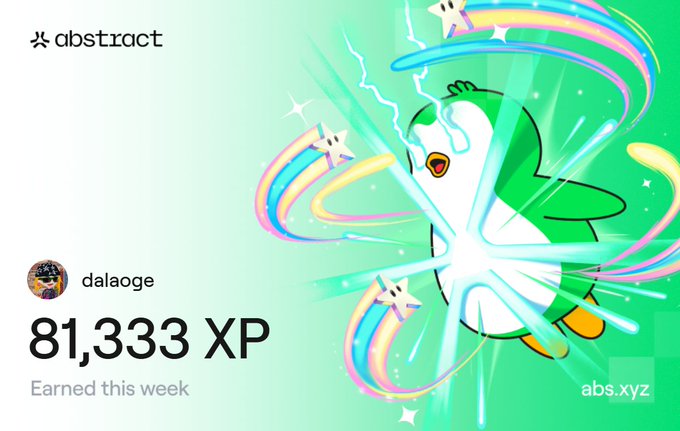 An Abstract platform graphic featuring a green penguin mascot, displaying user 'dalaoge' with '81,333 XP Earned this week' on an abs.xyz background.