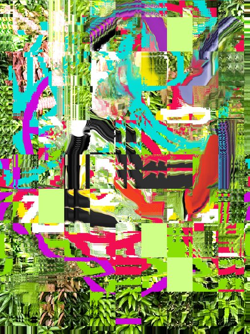 A heavily distorted, glitch-art image with vibrant green, magenta, cyan, and red blocks corrupting a visual scene.