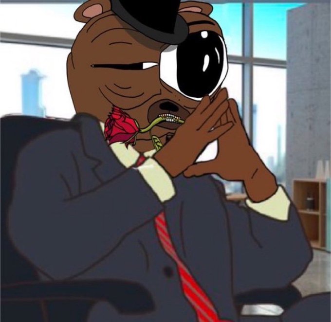 A cartoon image of a well-dressed bear character in a suit and top hat, holding a red rose in its mouth while winking and posing with its hand near its face.