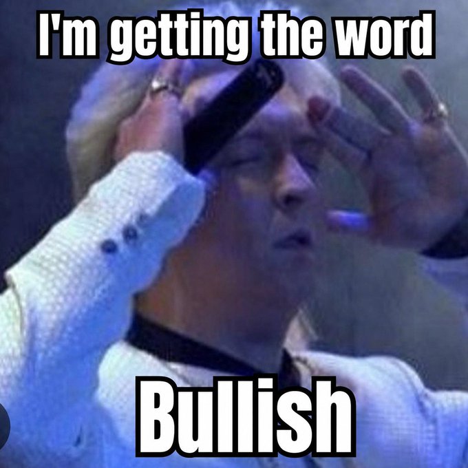 Meme featuring a person in a white jacket holding a phone to their ear with text reading "I'm getting the word" at the top and "Bullish" at the bottom.