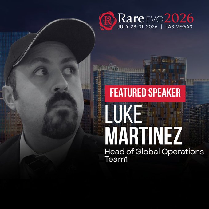 Promotional graphic for Rare EVO 2026 (July 28-31, Las Vegas) featuring speaker Luke Martinez, Head of Global Operations at Team1.