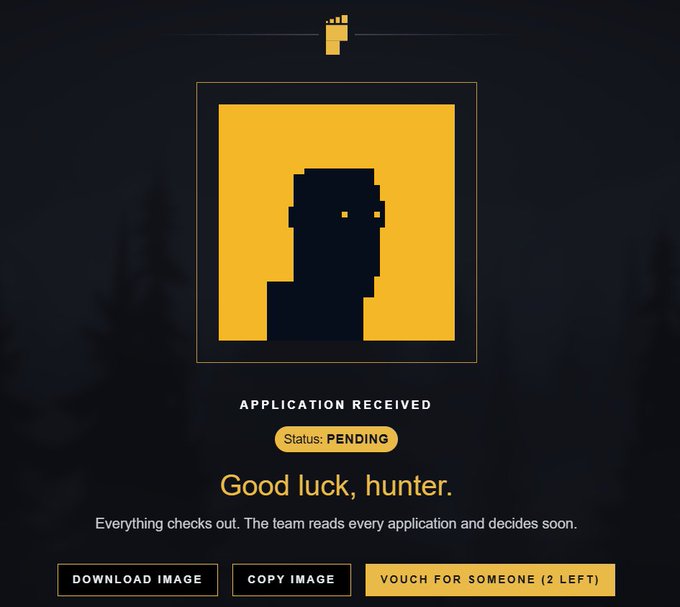 A dark-themed confirmation screen displays a pixelated black silhouette of a person within a yellow square frame, accompanied by the text "APPLICATION RECEIVED" and a "Status: PENDING" badge. Below, a message reads "Good luck, hunter," followed by reassurance that "Everything checks out. The team reads every application and decides soon," with options to "DOWNLOAD IMAGE," "COPY IMAGE," or "VOUCH FOR SOMEONE (2 LEFT)." This aligns with the accompanying post about pending acceptances for @zkkarnksea and @BITFOOTS_, suggesting the image was shared as part of a community vouching or application process for a "hunter" program.